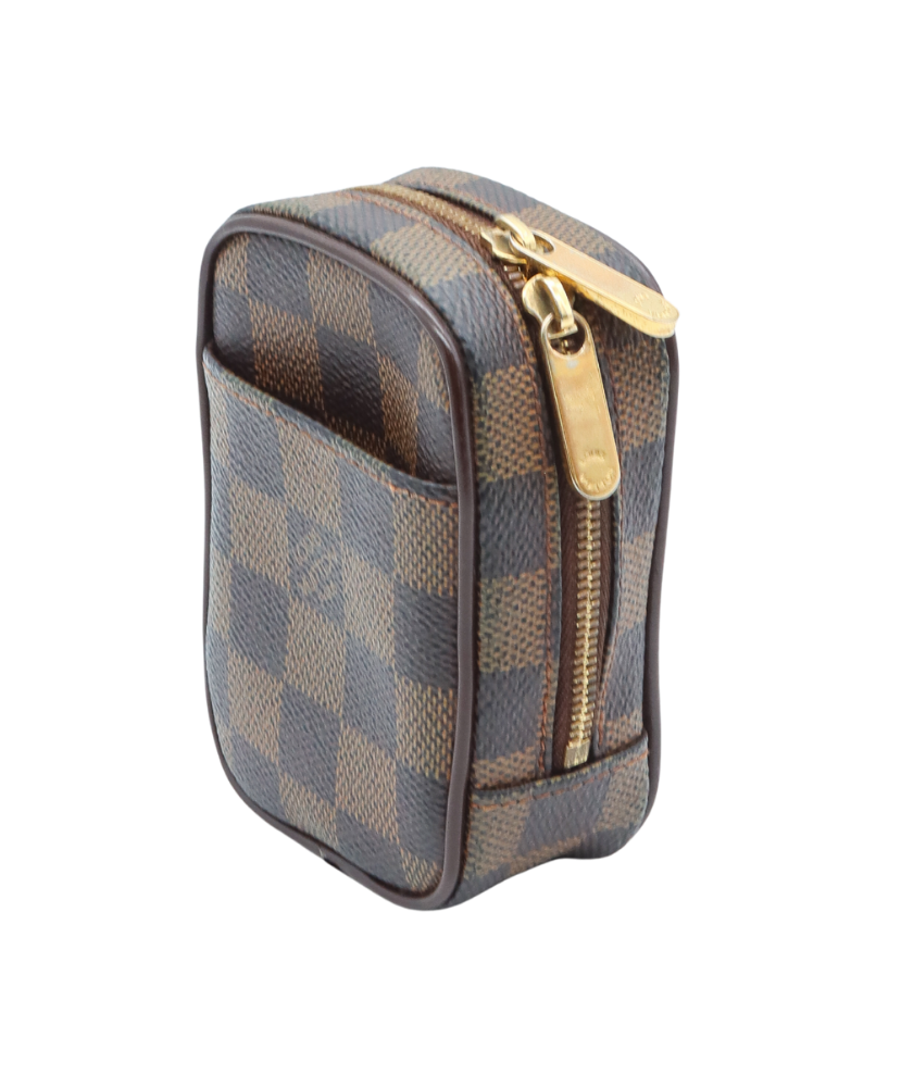 Checkered patterned Louis Vuitton pouch with gold zipper on a white background