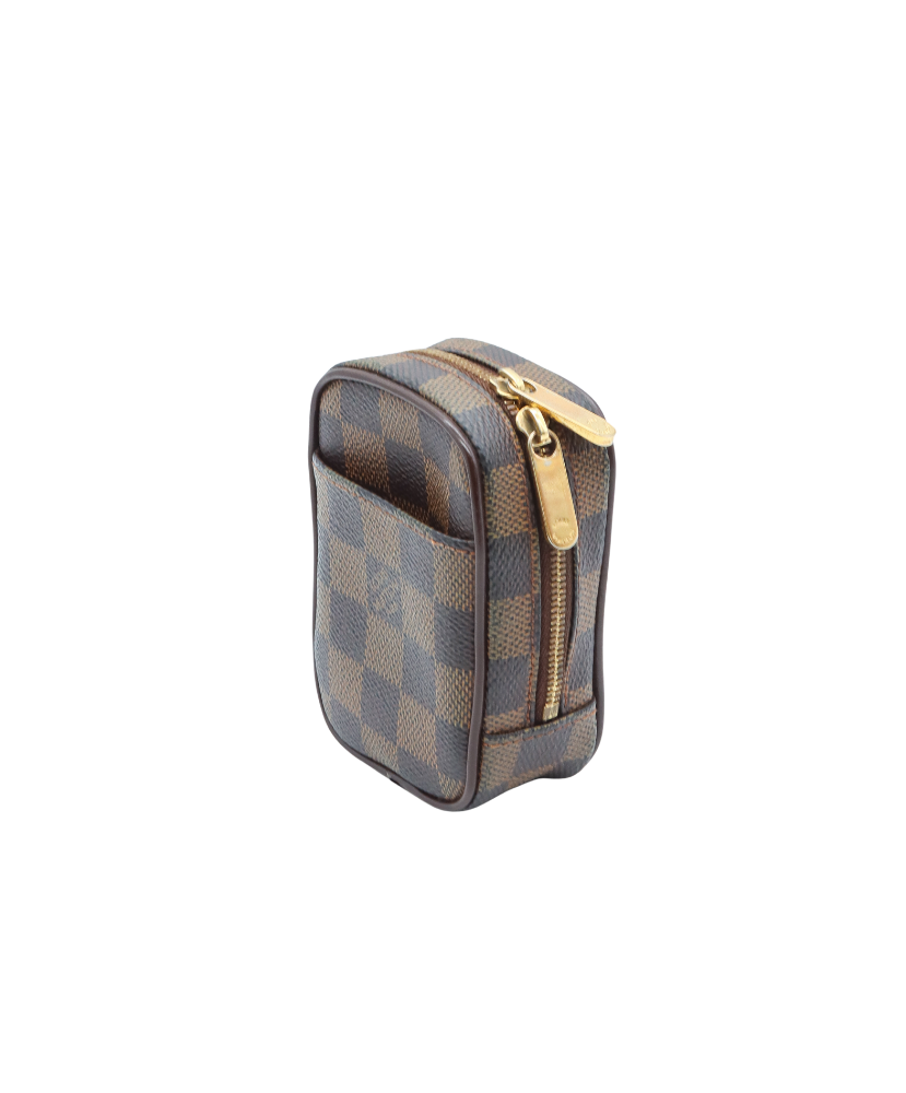 Louis Vuitton Designer handbag with checkered pattern and gold zipper on a white background