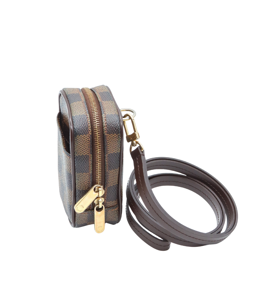 Louis Vuitton Designer handbag with checkered pattern and gold zipper on a white background