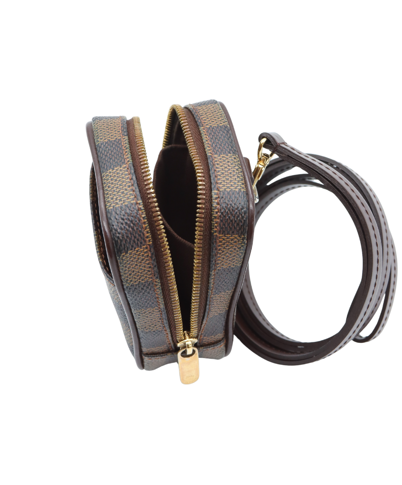 Louis Vuitton Designer handbag with checkered pattern and gold zipper on a white background