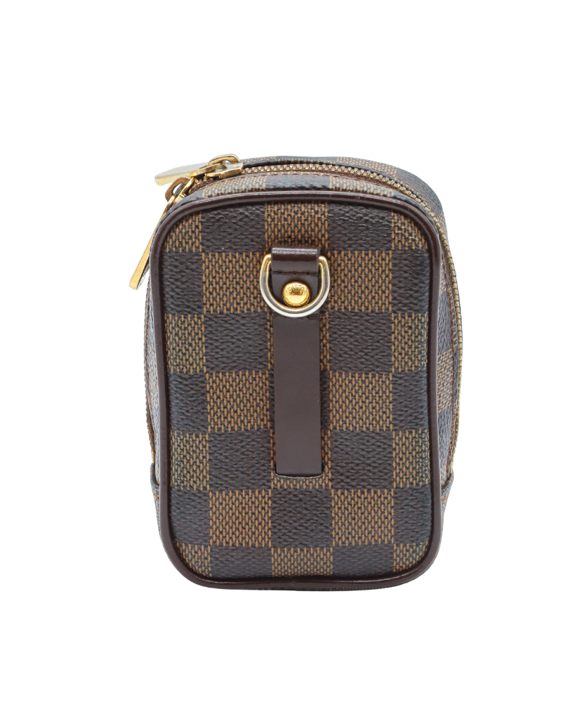 Louis Vuitton Designer handbag with checkered pattern and gold zipper on a white background