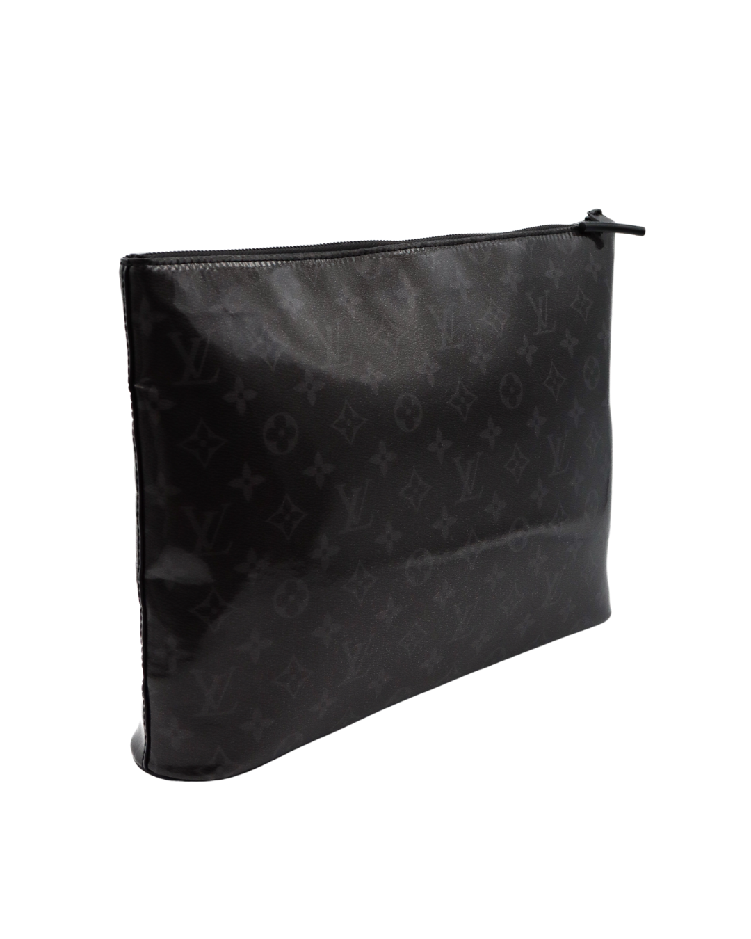 Louis Vuitton black leather clutch pouch with monogram pattern on a white background
