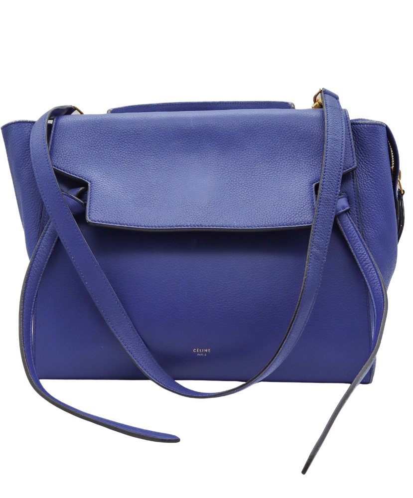 Blue Celine leather handbag with a strap on a white background