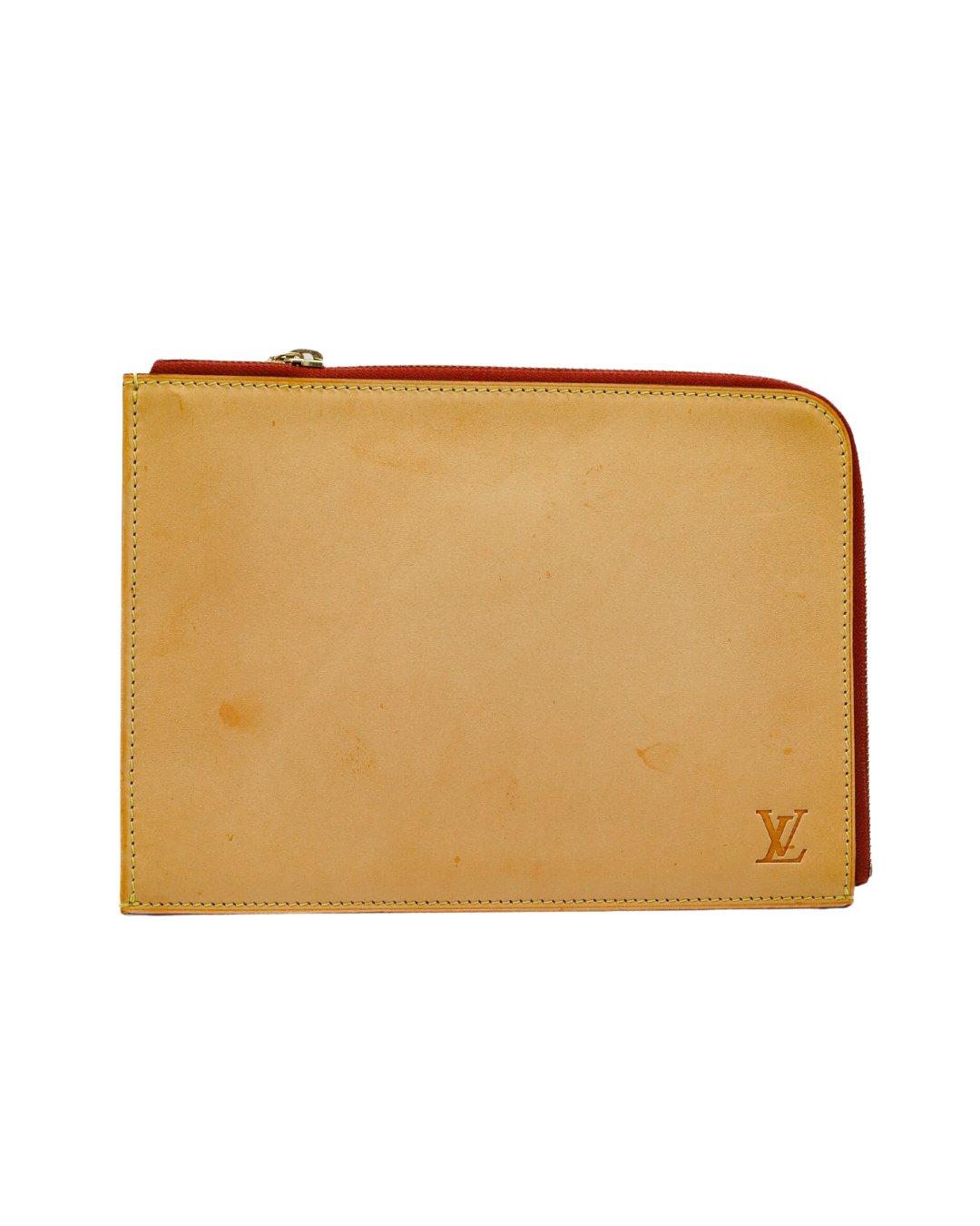 Beige leather Louis Vuitton clutch with a visible brand logo on a white background