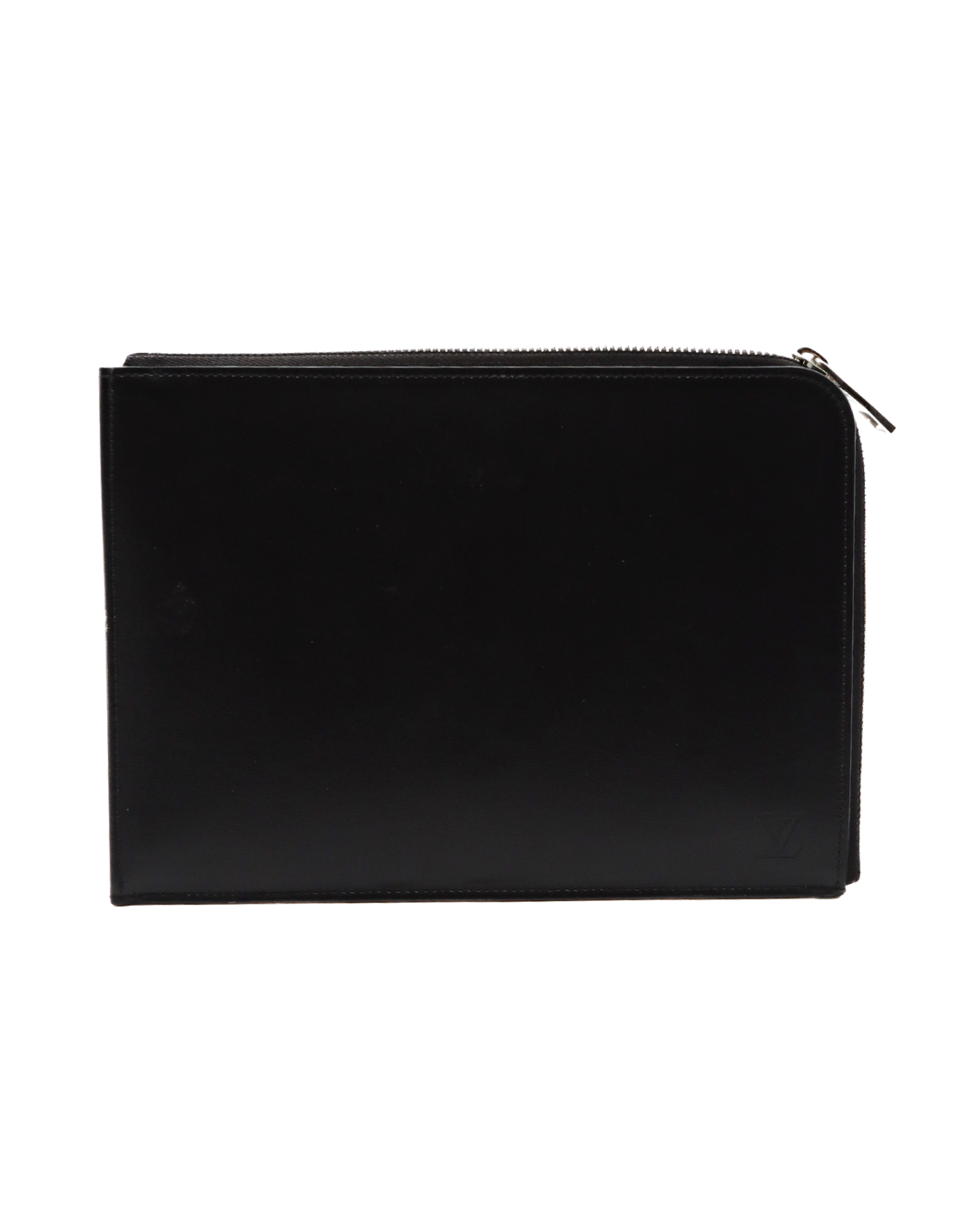 Black leather pouch with zipper on a white background