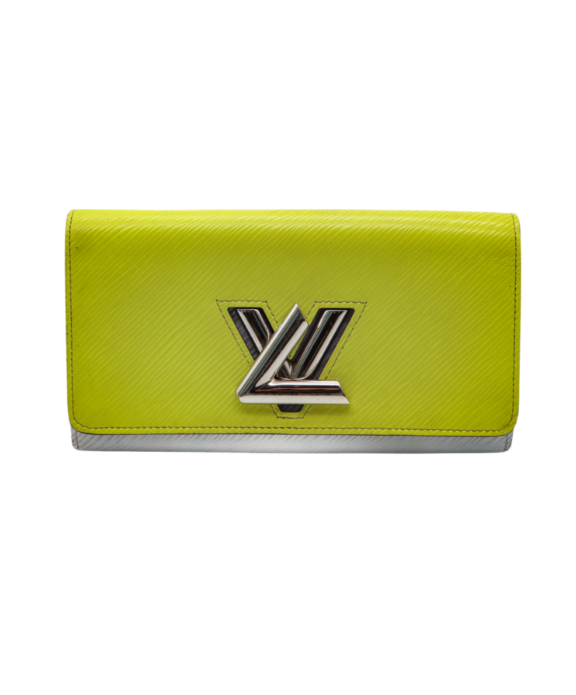 Yellow Louis Vuitton wallet with a brand logo on a white background