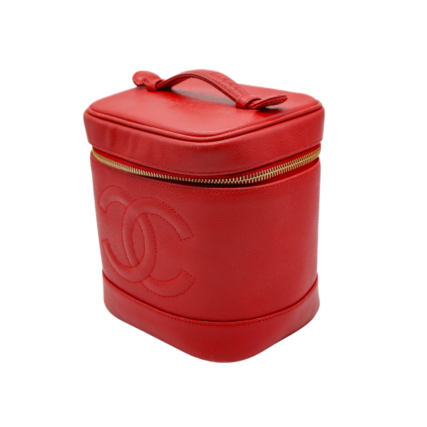 Red cosmetic case with gold zipper and logo on a white background