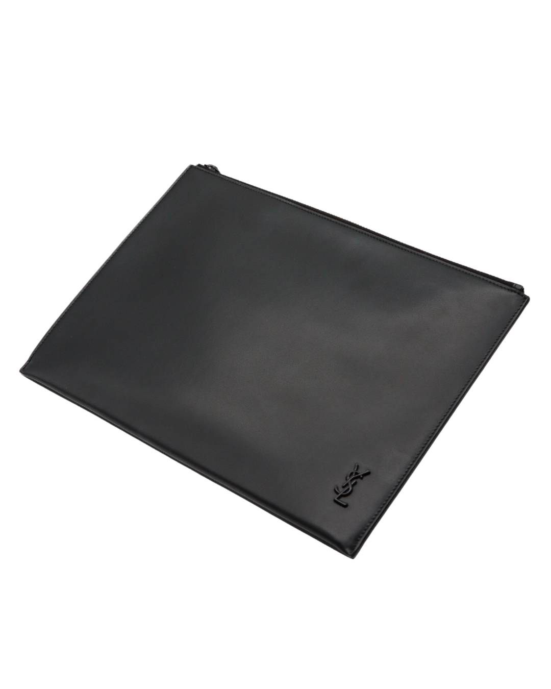 Black YSL Saint Laurent clutch with a brand logo on a white background