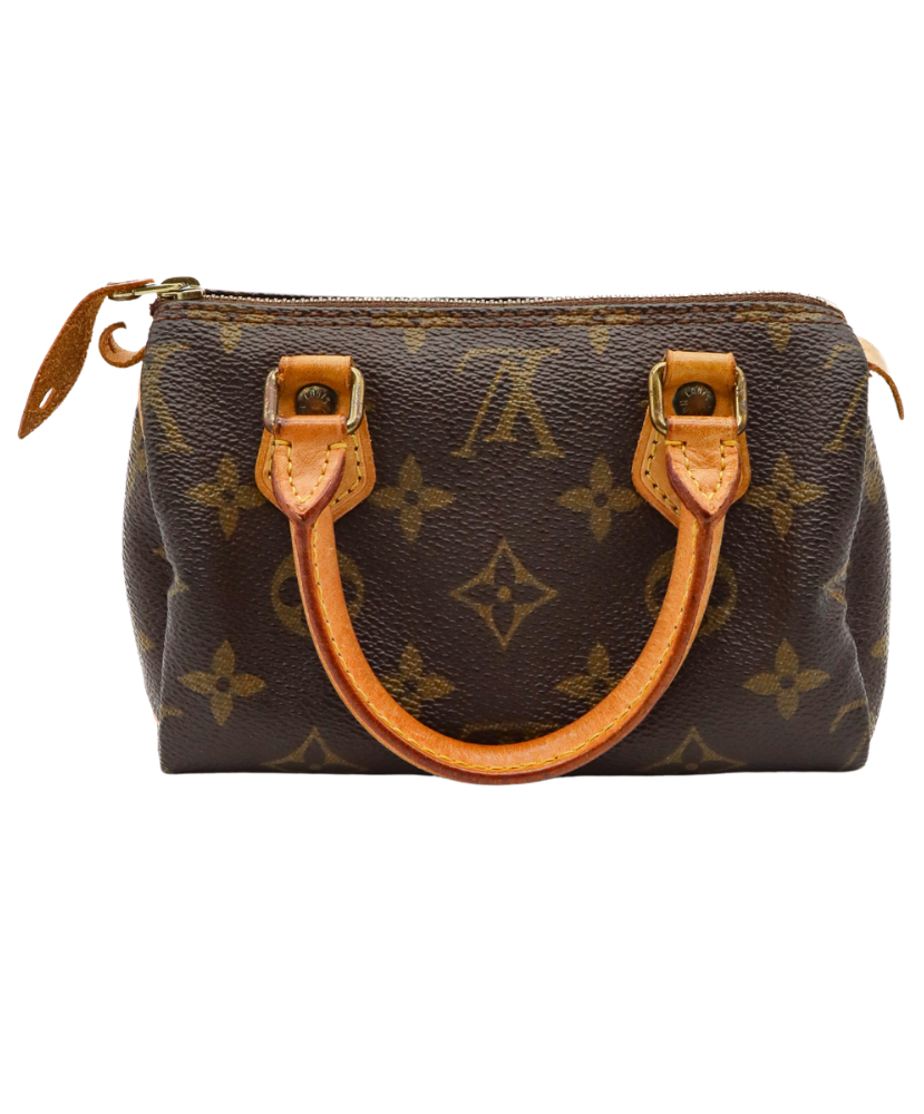 Louis Vuitton monogram handbag with brown handles on a white background