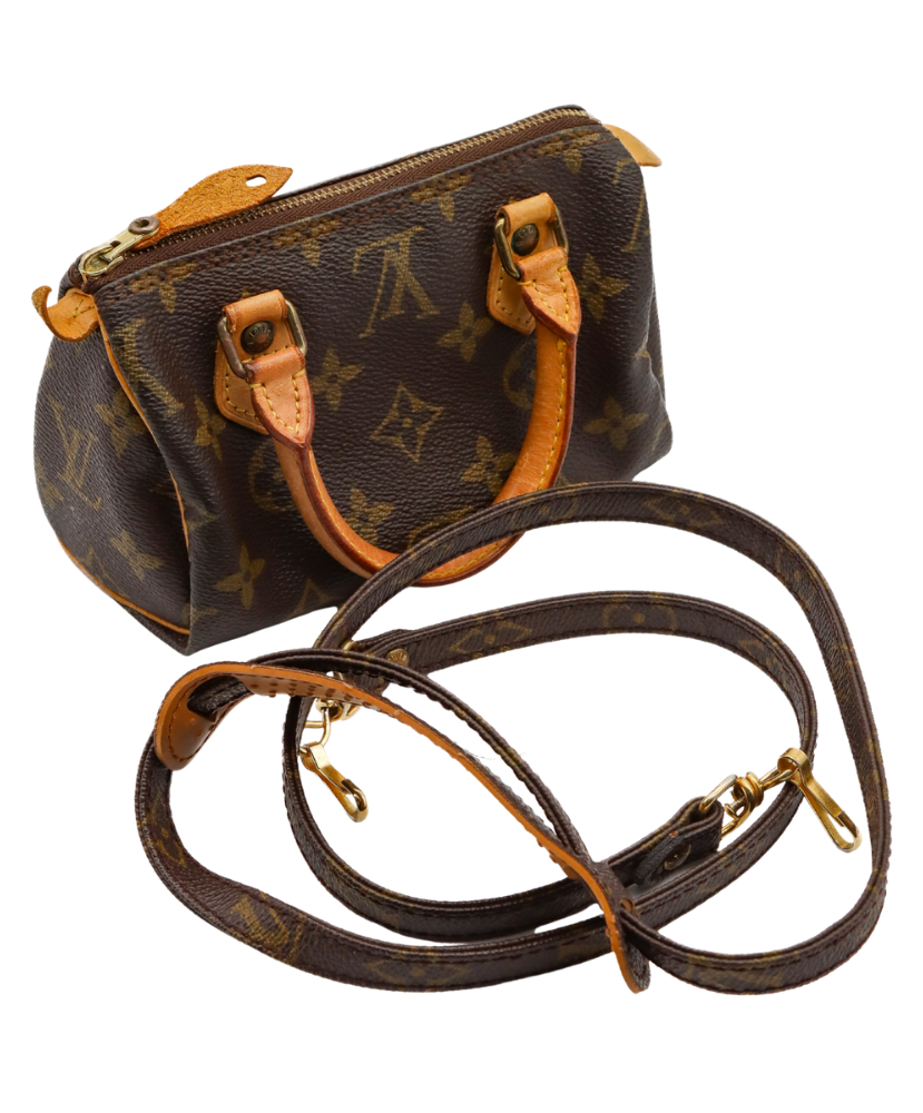 Louis Vuitton monogram handbag with brown handles on a white background