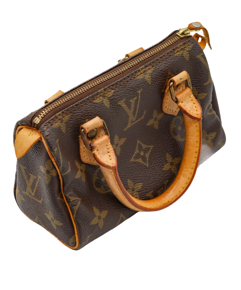 Louis Vuitton monogram handbag with brown handles on a white background