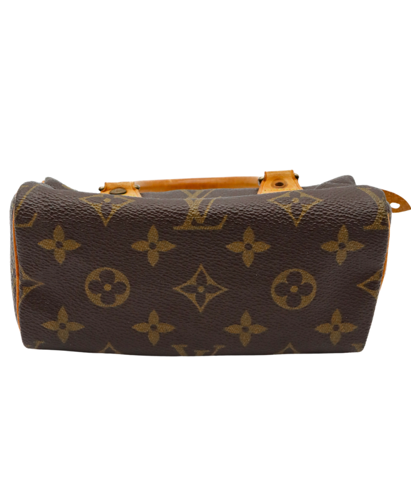 Louis Vuitton monogram handbag with brown handles on a white background