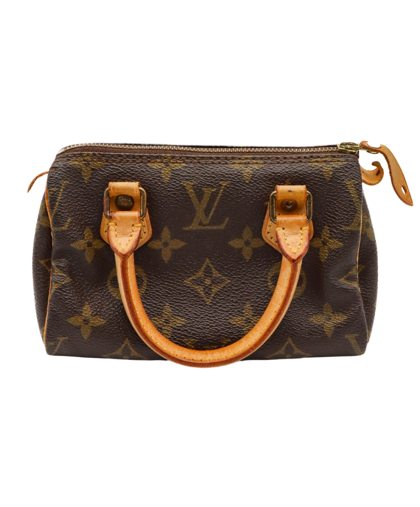 Louis Vuitton monogram handbag with brown handles on a white background