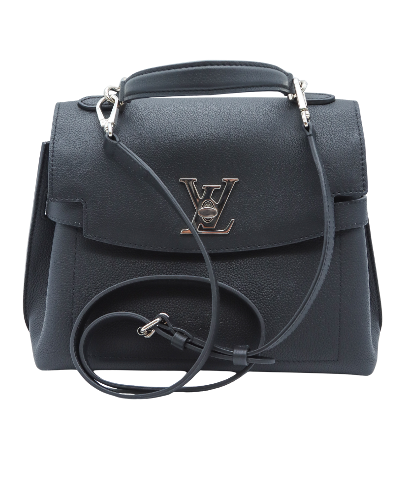 Black Louis Vuitton handbag with a brand logo on a white background