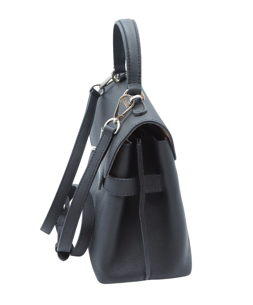 Black Louis Vuitton leather handbag with a brand logo on a white background