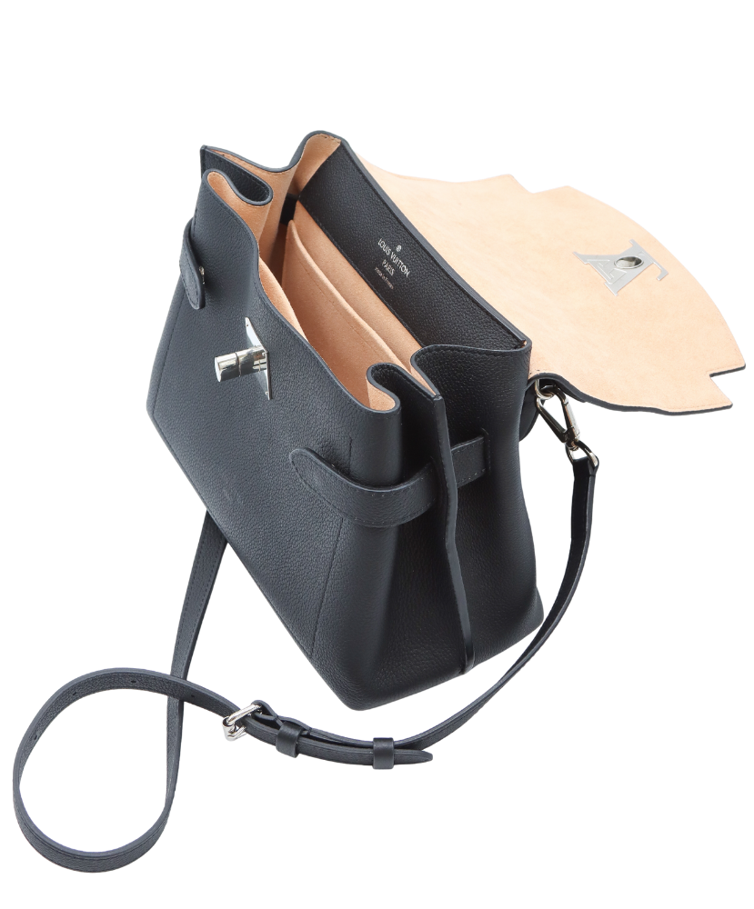 Black Louis Vuitton leather handbag with a brand logo on a white background