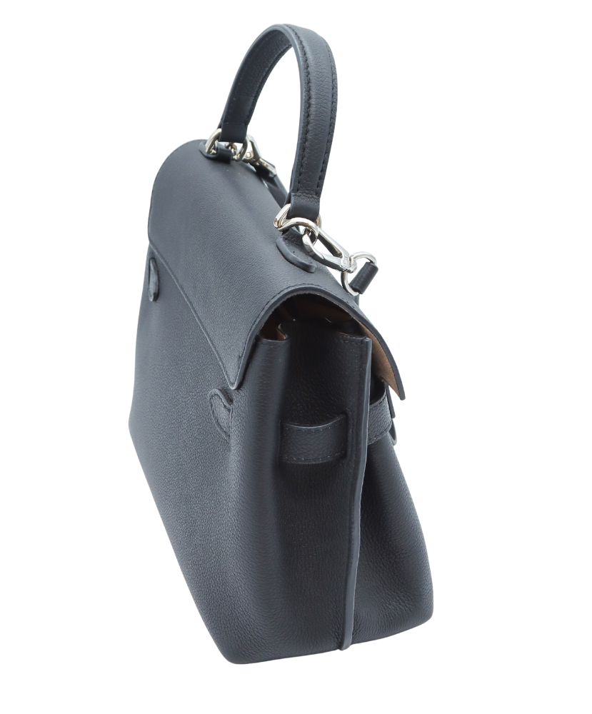 Black Louis Vuitton leather handbag with a brand logo on a white background