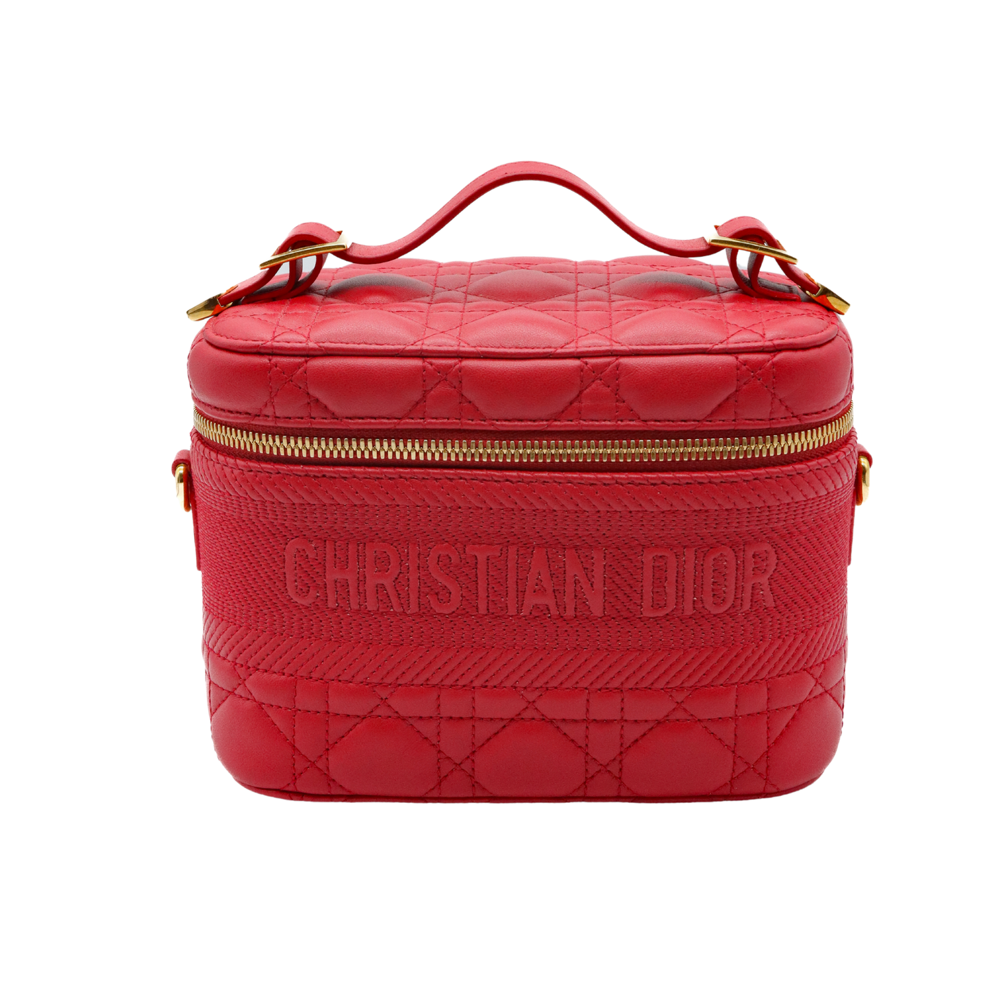 Red quilted Christian Dior bag on a white background