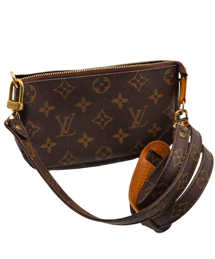 Louis Vuitton Brown leather handbag with gold hardware on a white background