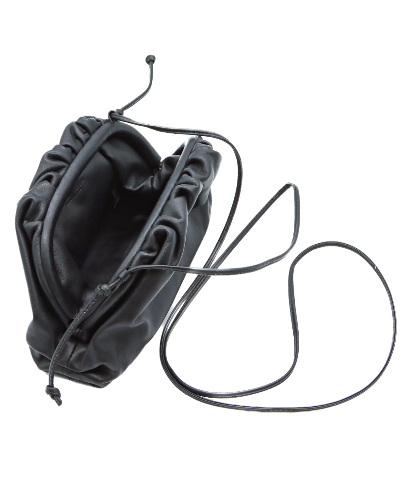 Black Bottega drawstring bag on a white background