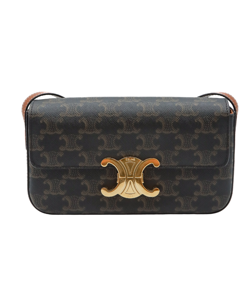 Celine Designer handbag with a gold clasp on a white background