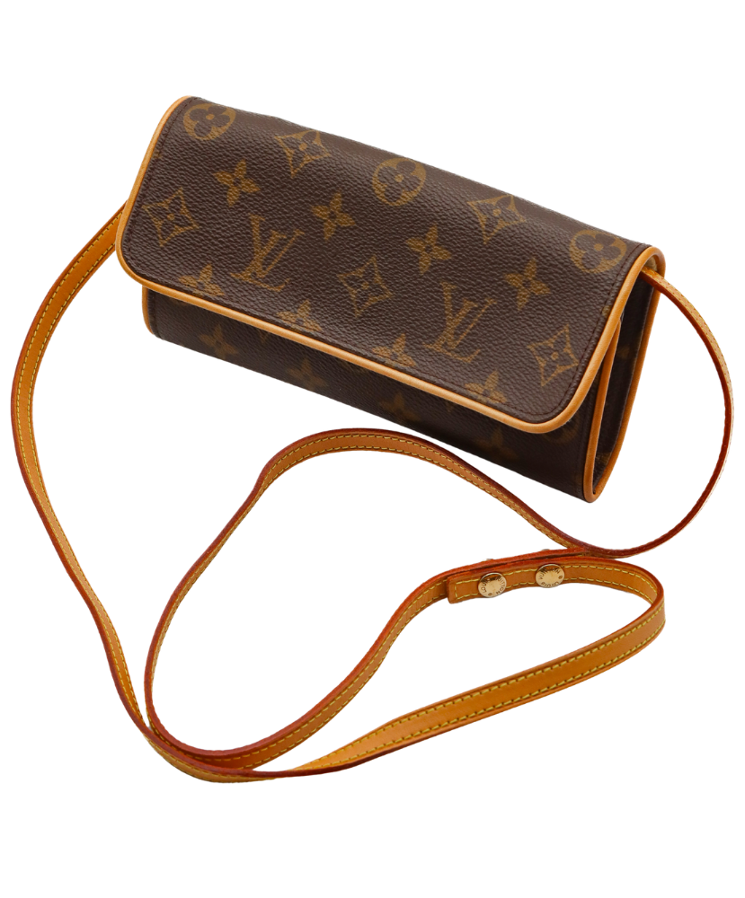 Brown leather Louis Vuitton crossbody with brand logo on a white background