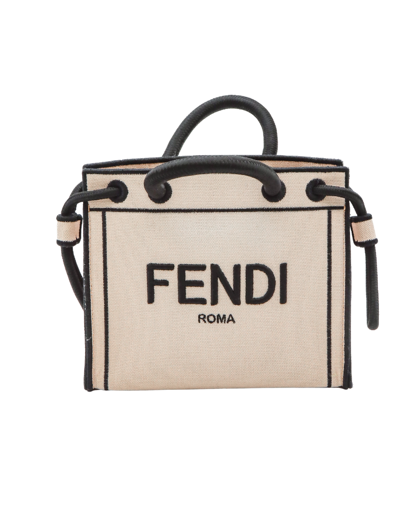 Fendi bag with black handles and 'Fendi Roma' text on a white background