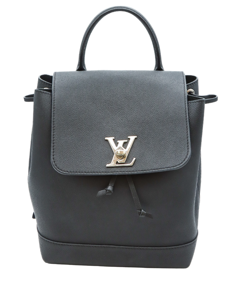 Black Louis Vuitton backpack with a gold logo on a white background